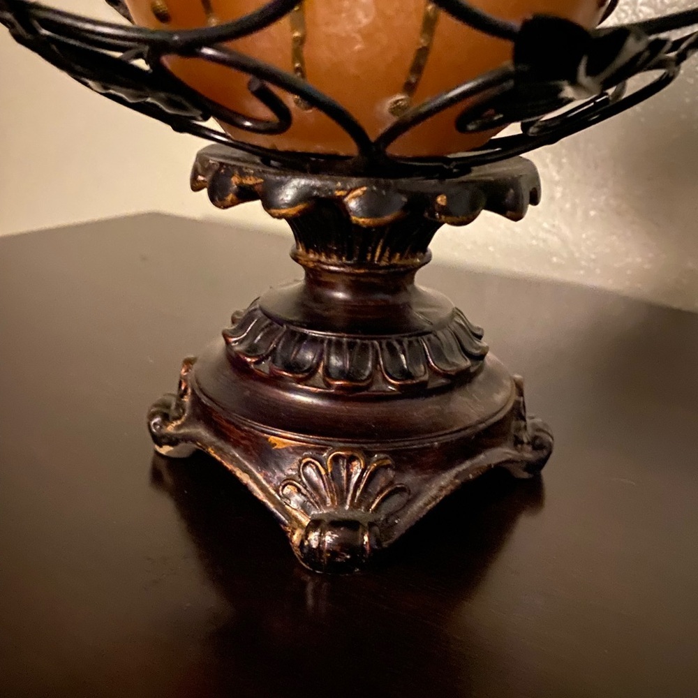Vintage Ornate Metal Bowl Candle Holder w/ Gold Cream Candle Rustic Decor - Picture 3 of 5